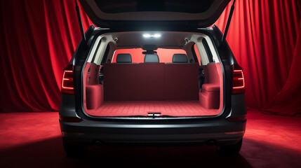 Obraz na płótnie Canvas Huge, clean and empty car trunk in interior of compact suv. Rear view of a red SUV car with open trunk. Generative AI