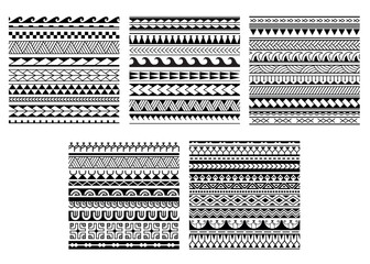 Set of vector ethnic seamless pattern. Ornament bracelet in maori tattoo style. Geometric border african style. Design for home decor, wrapping paper, fabric, carpet, textile, cover - obrazy, fototapety, plakaty