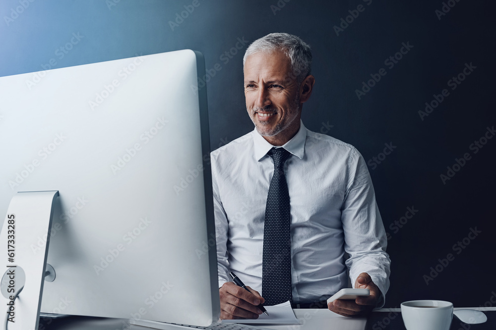 Poster Writing, computer and business man at desk online for research, internet and browse website in office. Networking, corporate worker and mature male person on smartphone, write notes and planning