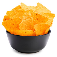 Nachos in black bowl isolated on white background, Corn chips on white With clipping path.