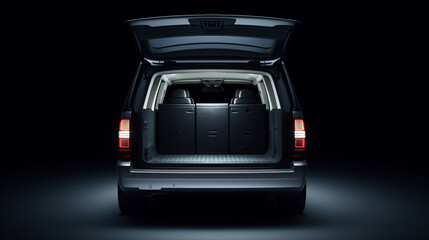Obraz na płótnie Canvas Huge, clean and empty car trunk in interior of compact suv. Rear view of a black SUV car with open trunk. Generative AI