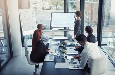 Business woman, meeting and data presentation, financial charts or graphs in accounting profit, increase and sales. Finance, corporate statistics and people, clients or manager on screen from behind