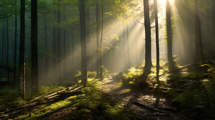森の木々の間から差し込む早朝の太陽の光の風景　Generative AI