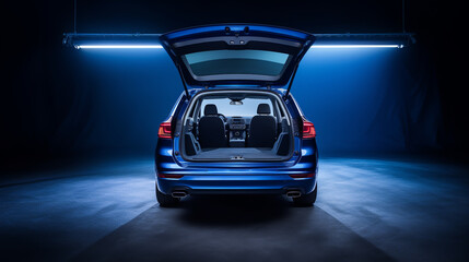 Fototapeta na wymiar Huge, clean and empty car trunk in interior of compact suv. Rear view of a bleu SUV car with open trunk. Generative AI