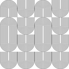 Modern vector abstract seamless geometric pattern with semicircles and circles in retro  style. Black u shapes on white background. Minimalist  illustration in Bauhaus style with simple shapes. - 617333692