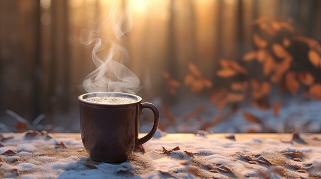 a cup of coffee on ice snow ground in morning light, Generative Ai