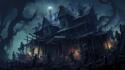 Fototapeta na wymiar art illustration ghostly haunted house in midnight, Generative Ai