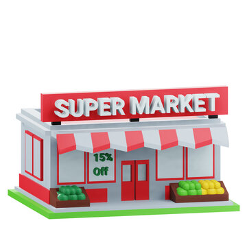 3d supermarket building illustration with transparent background