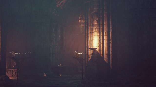 Mysterious interior ancient candle-lit cathedral