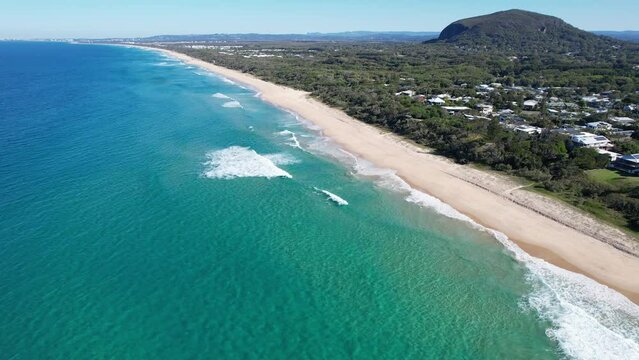 Aerial View Of Yaroomba Beach With Mount Coolum In The Distance In Queensland, Australia.