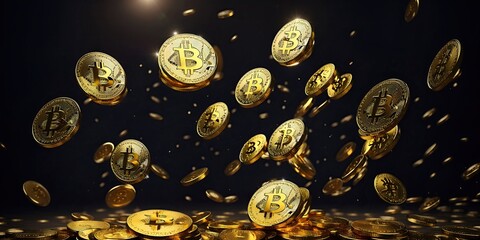 Rain of golden bitcoin coins on a dark background.