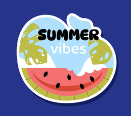 Cute summer label concept. Slice of watermelon on sky background. Natural and organic product. Healthy eating with vitamins. Cartoon flat vector illustration isolated on blue background