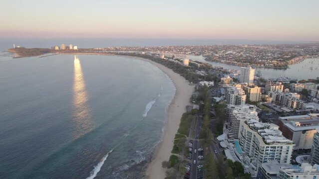 Mooloolaba Beach During Sunrise In Sunshine Coast, QLD, Australia. - aerial