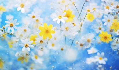 Blue and yellow summer flower background. Illustration AI Generative.