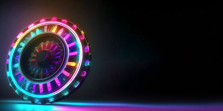 Neon Lighting Roulette Wheel on Dark Background, Casino Game Concept. Generative AI Technology.