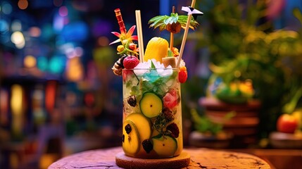 close up fantasy cocktail with fruit and flower summer drink, Generative Ai