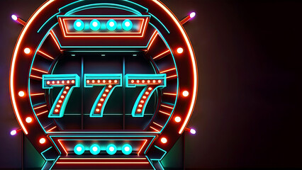 Glowing Neon 777 Slot Machine in Marquee Circular Frame or Board and Copy Space for Advertisement, Casino Game Concept. Generative AI Technology.
