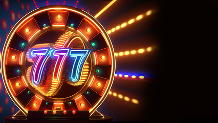 Glowing Neon 777 Number on Spinning Wheel or Circular Frame and Spreading Lights on Dark Background for Advertisement, Casino Game Concept. Generative AI Technology.