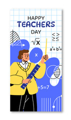 Happy teachers day poster concept. Man with ruler and pointer looks at mathematical formulas. Education, learning and training. Cartoon flat vector illustration isolated on white background