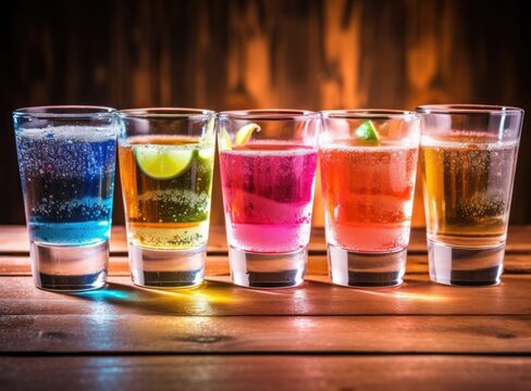 Tequila drinks from glasses with different toppings. Generative AI
