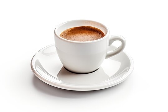 White cup of coffee on white plate. Generative AI