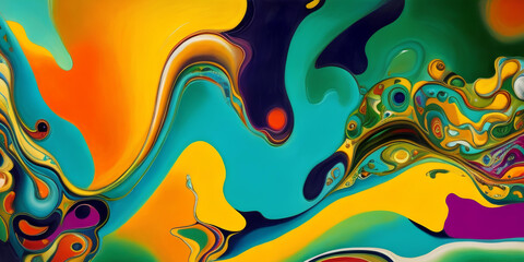 abstract multi-colored oil painting with flowing liquid forms, paints. ai