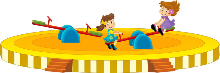 cartoon scene with funfair playground kindergarten with kids pupils playing isolated illustration for children