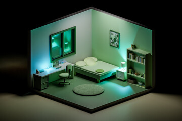 3D render of modern low poly bedroom with glowing neon lamps, isometric view