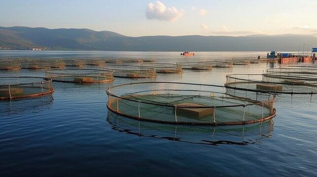 Sea fish farm nets. Cages for fish farming sea, ai generative	