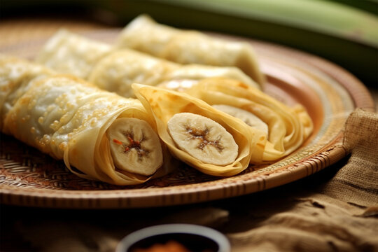 pisang molen indonesian traditional food made from banana wrap with sheet of pastry dough.generative ai