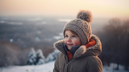 Portrait of a little girl in a snowy park. Сhild playing in the winter. AI generative image.