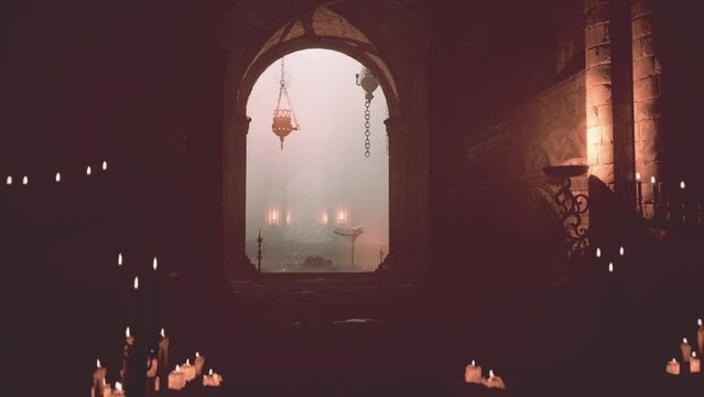 Dimly lit gothic temple flickering candles
