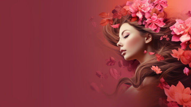 Beautiful woman with flowers in her hair. Fashion background with copyspace. AI generative image.