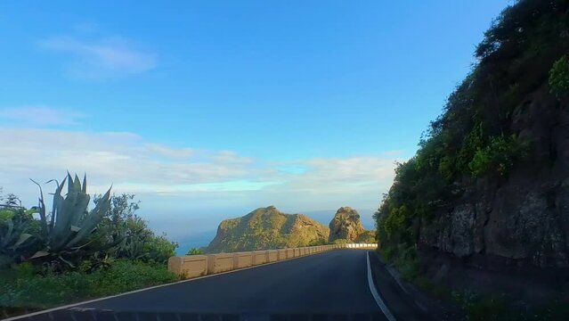 Scenic Drive With Roque Benijo In The Distance, Atlantic Ocean And A Clear Blue Sky, Driver POV, Tenerife, Canary Islands, Spain