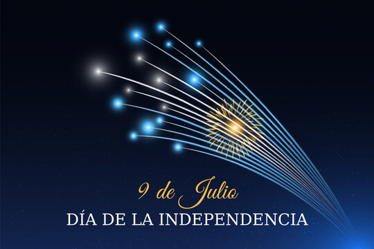 9th of july, argentina independence day, argentine colorful fireworks flag on blue night sky background. Argentina national holiday. Greeting card. Vector. Translation july 9 Independence day