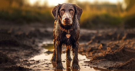 Funny dog playing in mud puddle, a beautiful dog with joy jumping in a muddy puddle, dirty brown fur,happy portrait of a dirty funny dog in nature