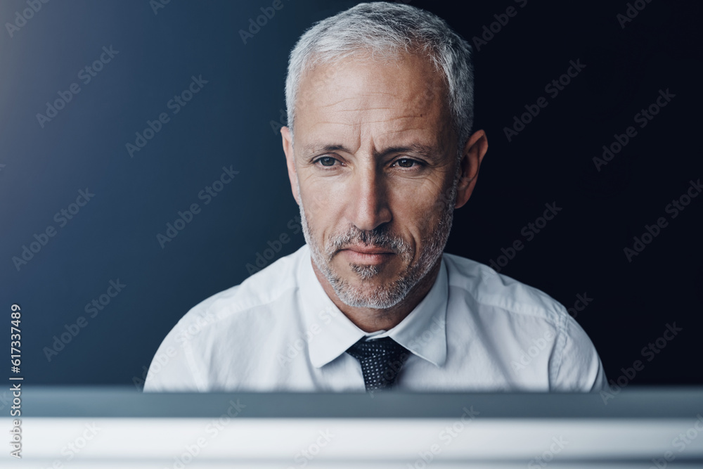 Poster thinking, idea and mature businessman working on a project with a computer or technology. career, br
