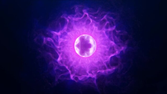 Purple energy sphere with glowing bright particles, atom with electrons and elektric magic field scientific futuristic hi-tech abstract background