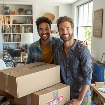 Portrait Of Excited multiracial Gay Male Couple Standing inside New Home Holding hands On Moving Day Together, Happy smiling couple