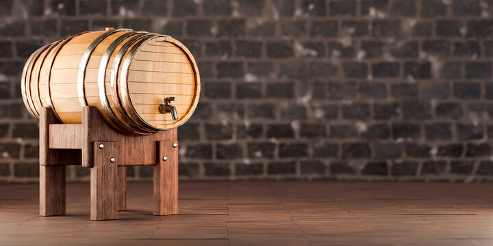 Wooden barrel with faucet mounted horizontally on dark old stone wall background. copy space. 3d rendering