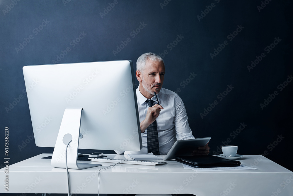 Poster thinking, tablet and business man in office online for research, internet and browse website. networ