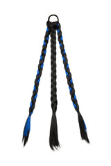 Subject shot of a hairpiece with a black elastic band made out of artificial hair. There are three black and blue braids on the elastic. The chignon is isolated on the white background.