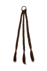 Subject shot of a hairpiece with a brown elastic band made out of artificial hair. There are three brown braids on the elastic. The chignon is isolated on the white background.
