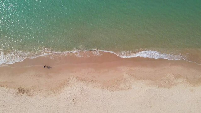 Aerial 4K drone footage of person walking on a beach in Coma-Ruga. A picturesque city in Spain with beautiful beaches during the vibrant springtime.