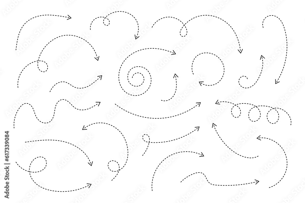 Poster thin curved dotted arrow. zigzag arrow stripes design with dotted lines. thin arrows. vector illustr