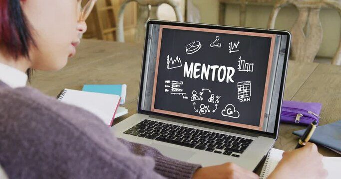 Composition of asian schoolgirl on laptop online learning with mentor text and icons