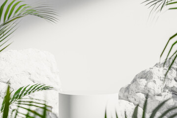 Green palm leaves and white stone product display, white podium and platforms, 3d rendering.