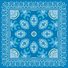Decorative doodle ornament, symmetric pattern with lace frame. Tribal ethnic mandala decor. Bandana shawl, hijab, tablecloth fabric print, silk neck scarf, kerchief design. Colorful vector background