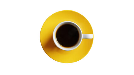 a bright yellow coffee cup placed on a black surface, creating a visually striking contrast. The cup appears to be empty, with no additional elements or decorations in the scene.