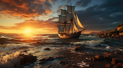 Obraz premium sailboat at sunset, ai generative